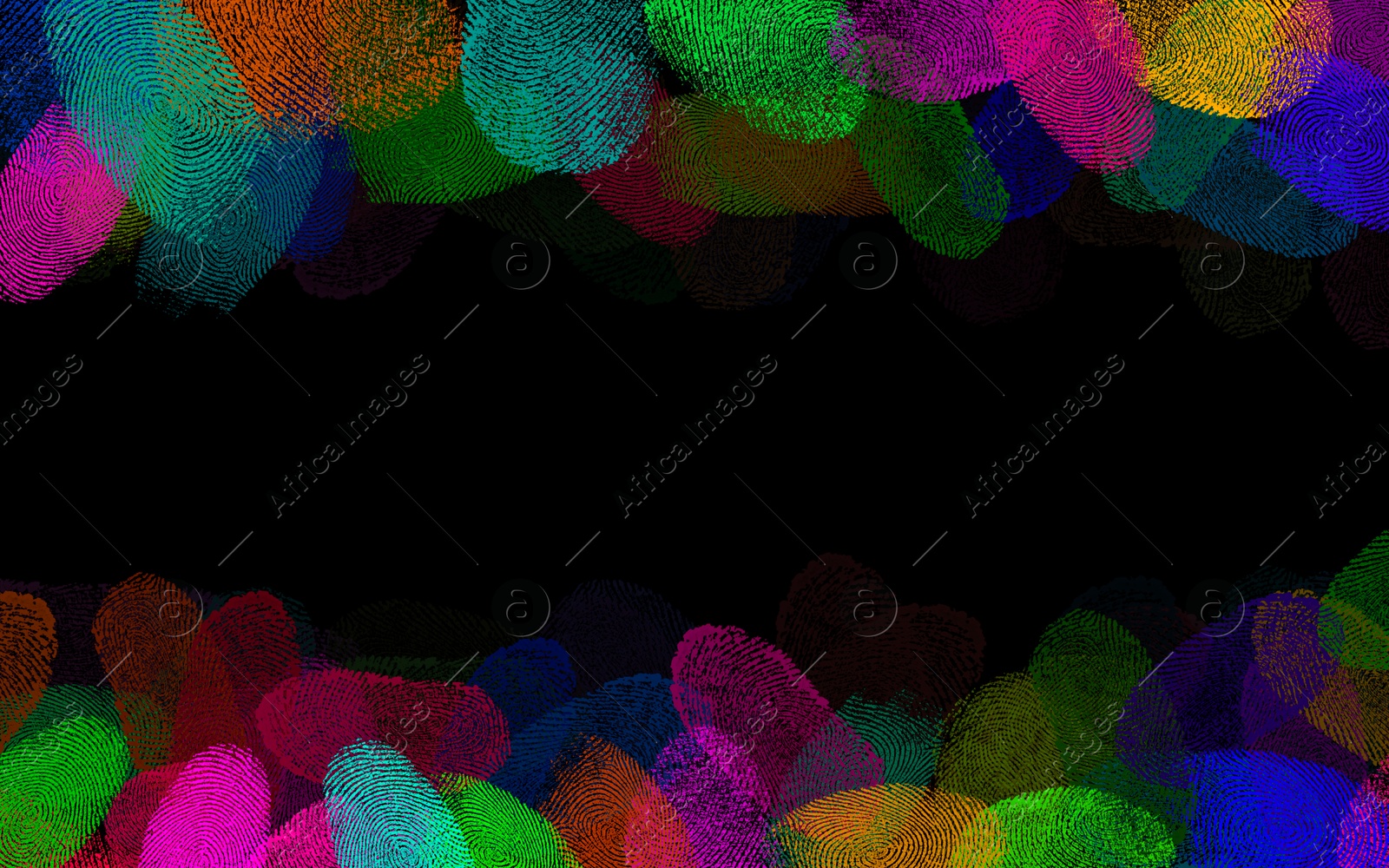 Image of Fingerprints of different colors on black background. Frame with space for text