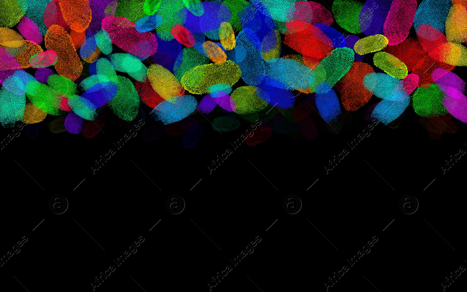 Image of Fingerprints of different colors on black background, space for text