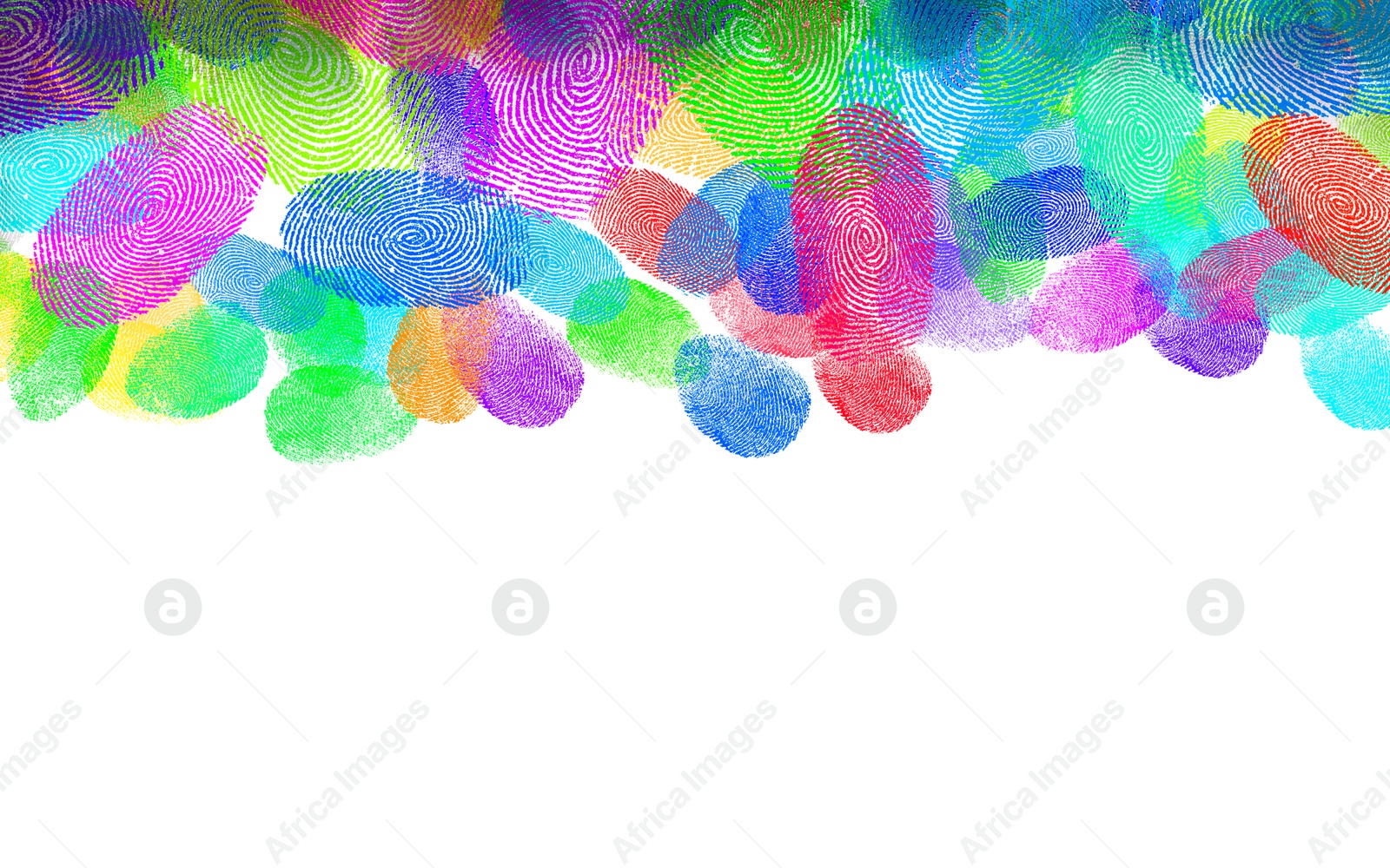 Image of Fingerprints of different colors on white background, space for text