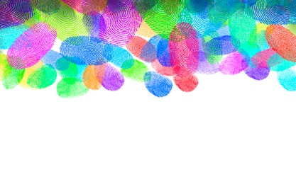 Image of Fingerprints of different colors on white background, space for text