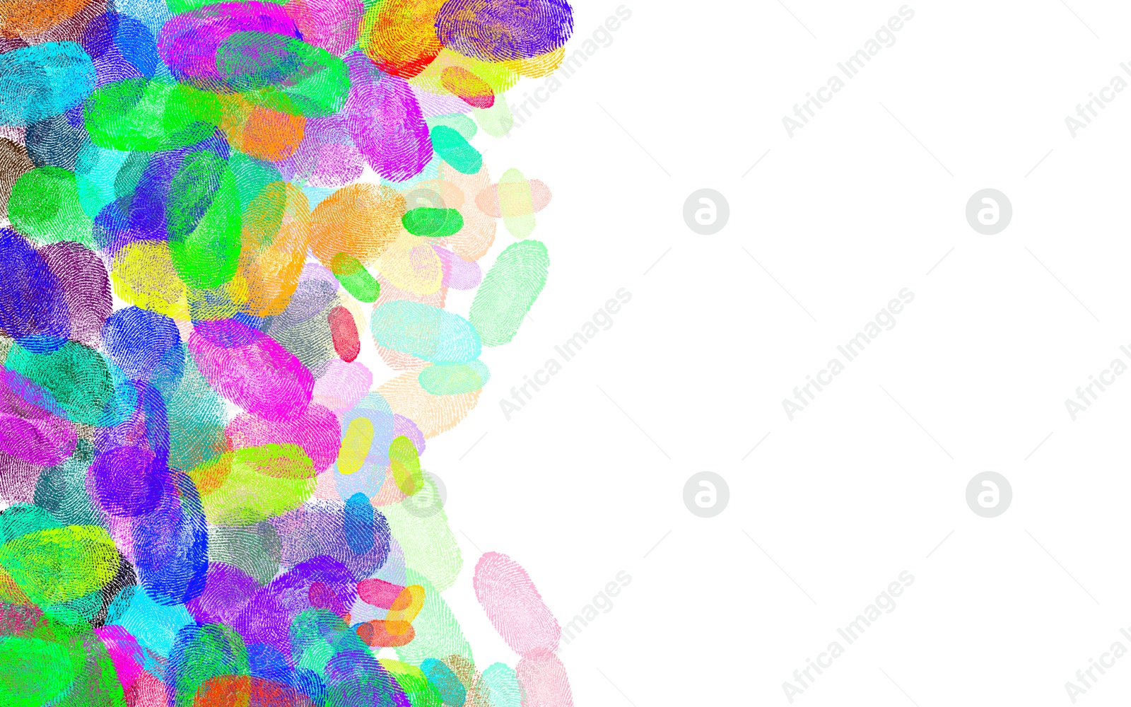 Image of Fingerprints of different colors on white background, space for text