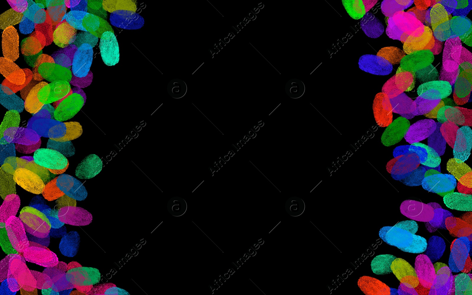 Image of Fingerprints of different colors on black background. Frame with space for text