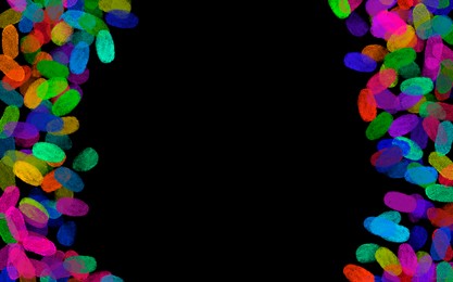 Image of Fingerprints of different colors on black background. Frame with space for text