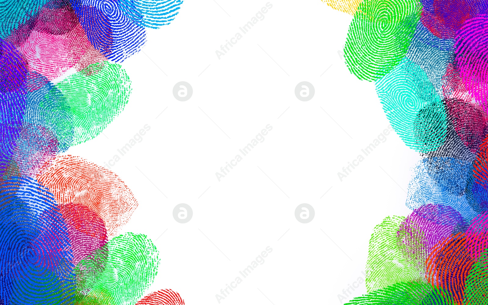 Image of Fingerprints of different colors on white background. Frame with space for text