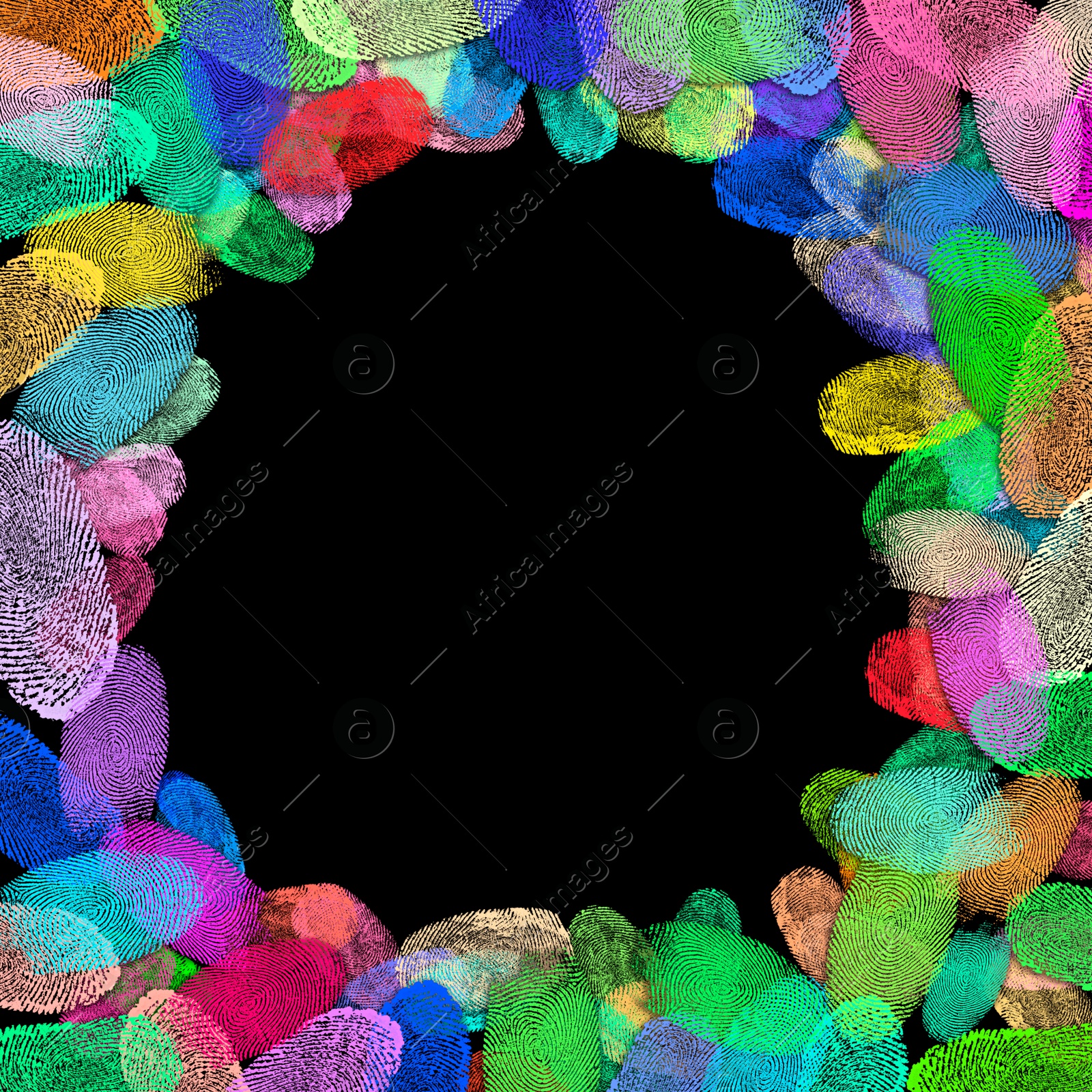 Image of Fingerprints of different colors on black background. Frame with space for text