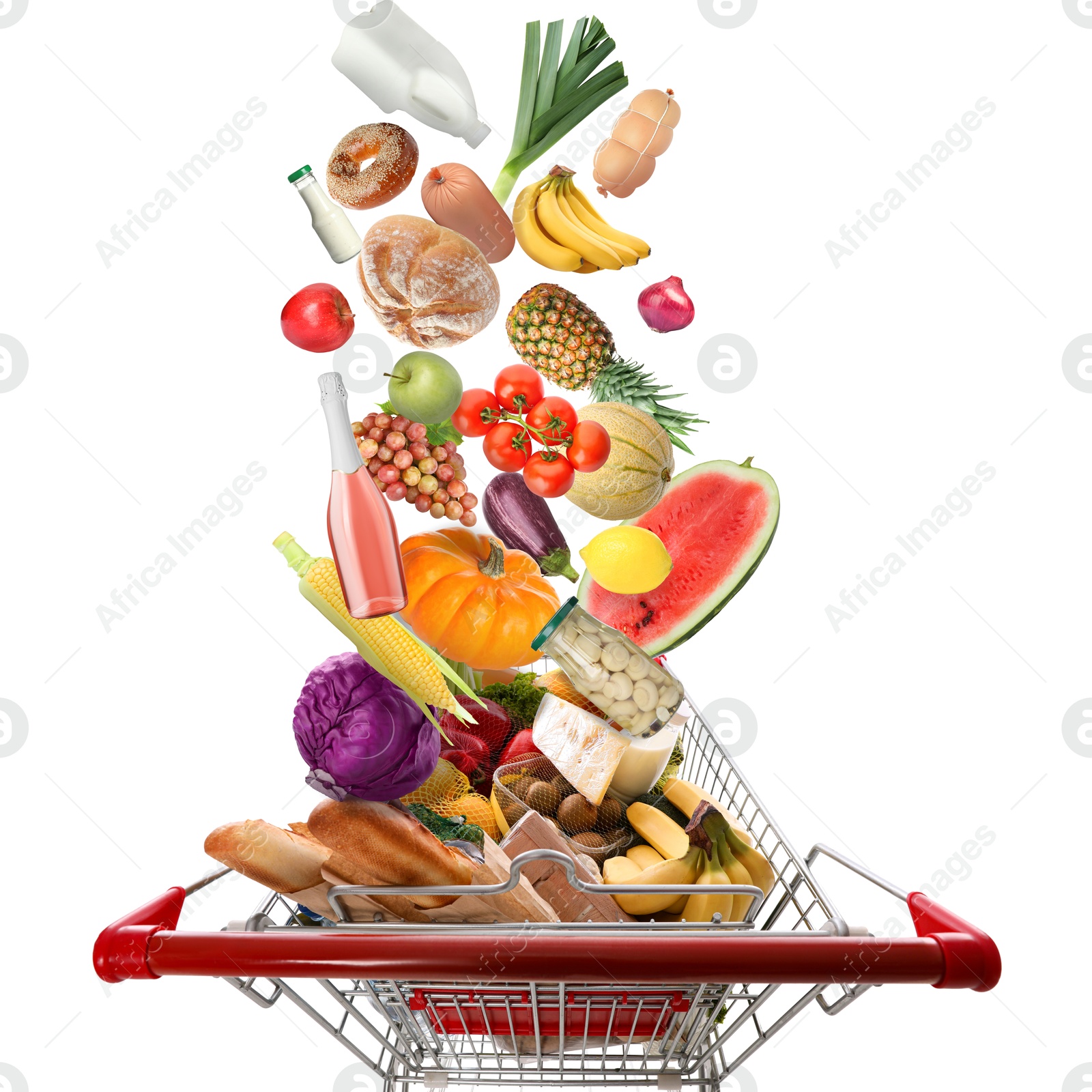 Image of Many different products falling into shopping cart on white background