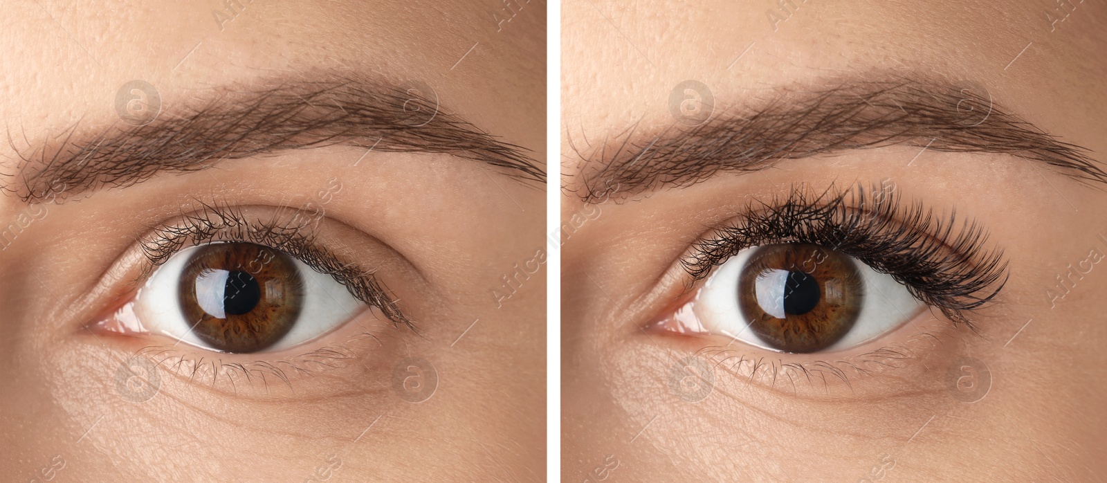 Image of Woman before and after eyelash extensions, closeup. Collage