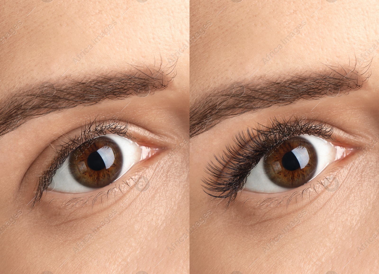 Image of Woman before and after eyelash extensions, closeup. Collage