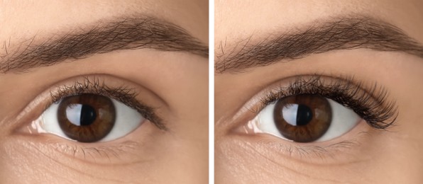 Image of Woman before and after eyelash extensions, closeup. Collage