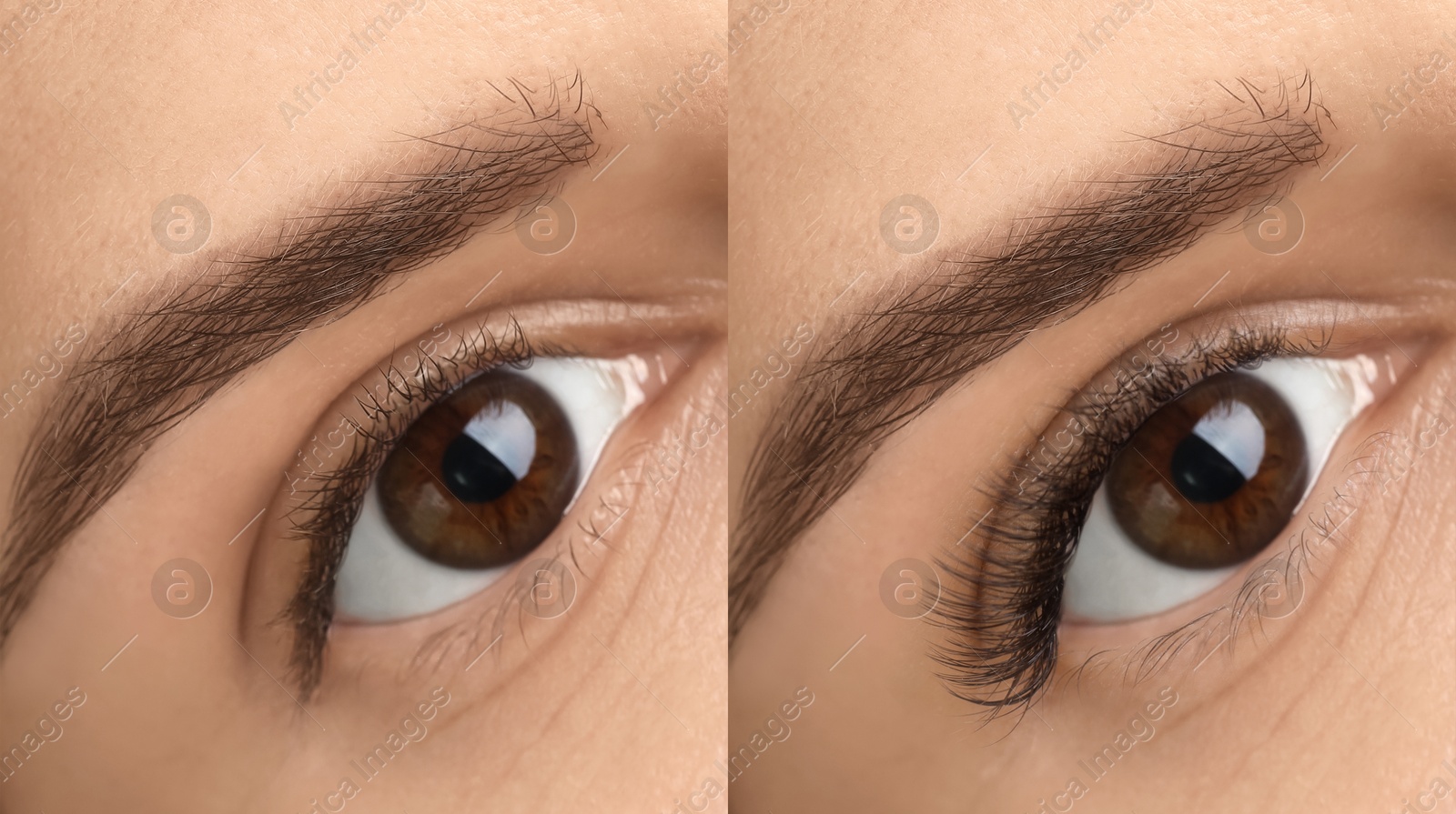 Image of Woman before and after eyelash extensions, closeup. Collage