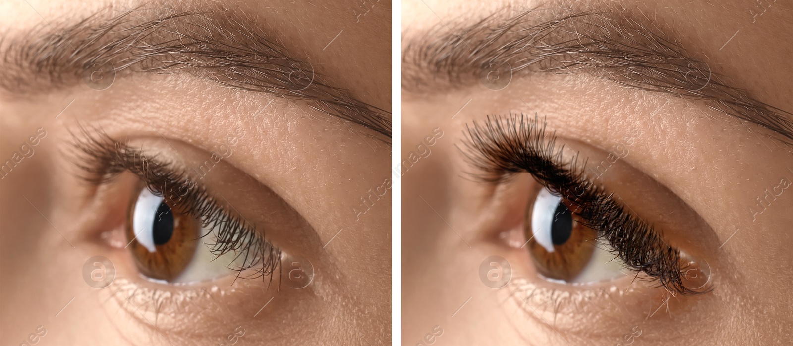 Image of Woman before and after eyelash extensions, closeup. Collage