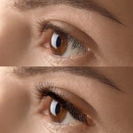 Image of Woman before and after eyelash extensions, closeup. Collage