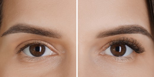 Image of Woman before and after eyelash extensions, closeup. Collage