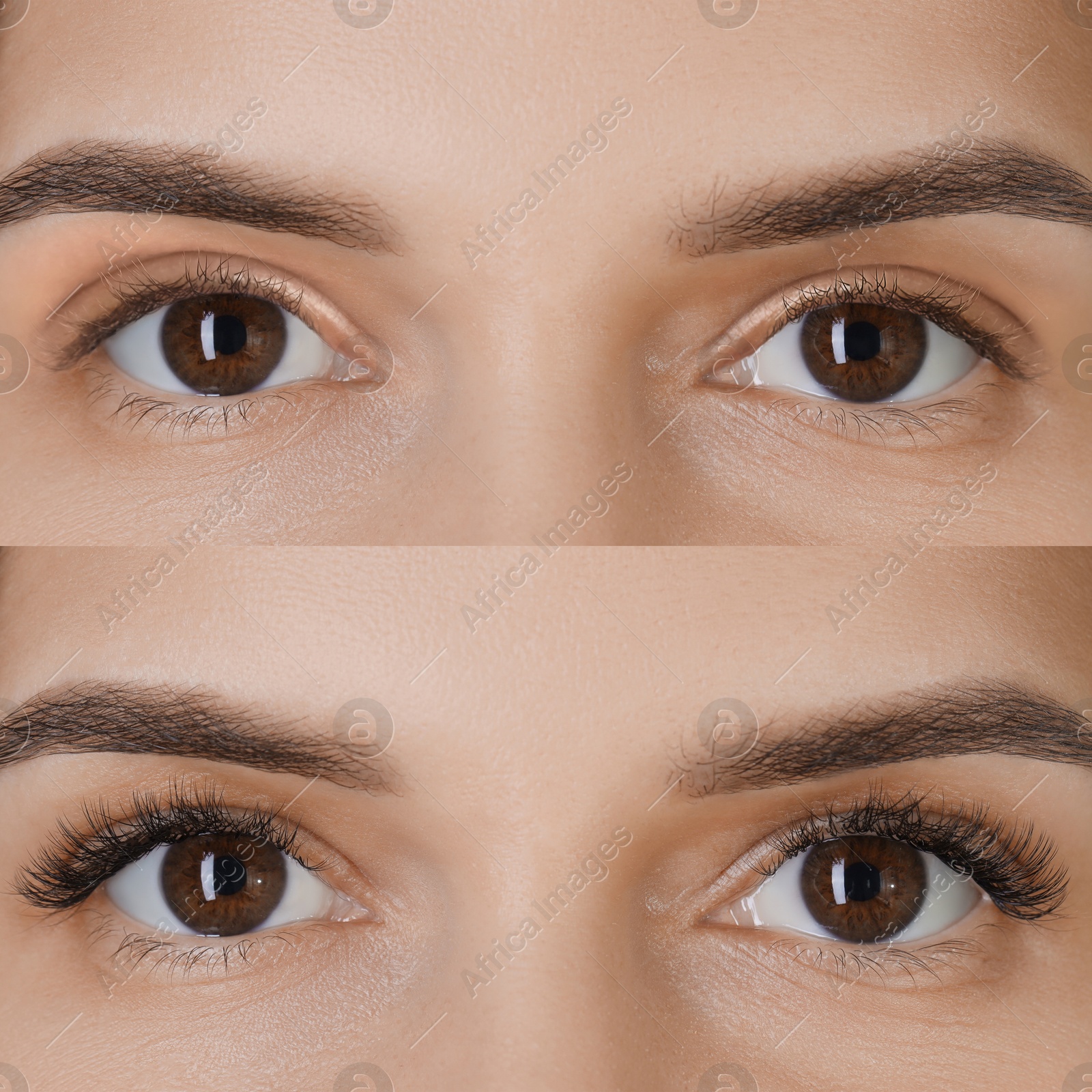 Image of Woman before and after eyelash extensions, closeup. Collage