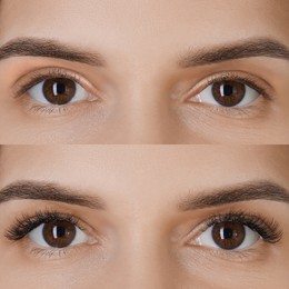 Image of Woman before and after eyelash extensions, closeup. Collage