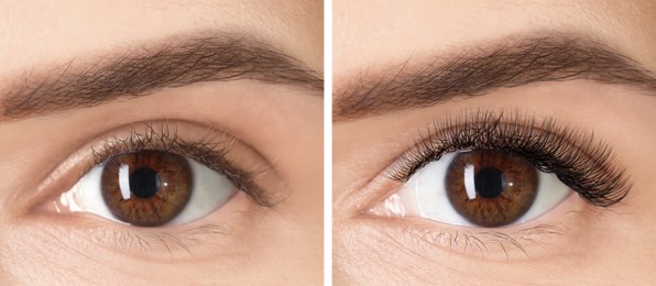 Image of Woman before and after eyelash extensions, closeup. Collage