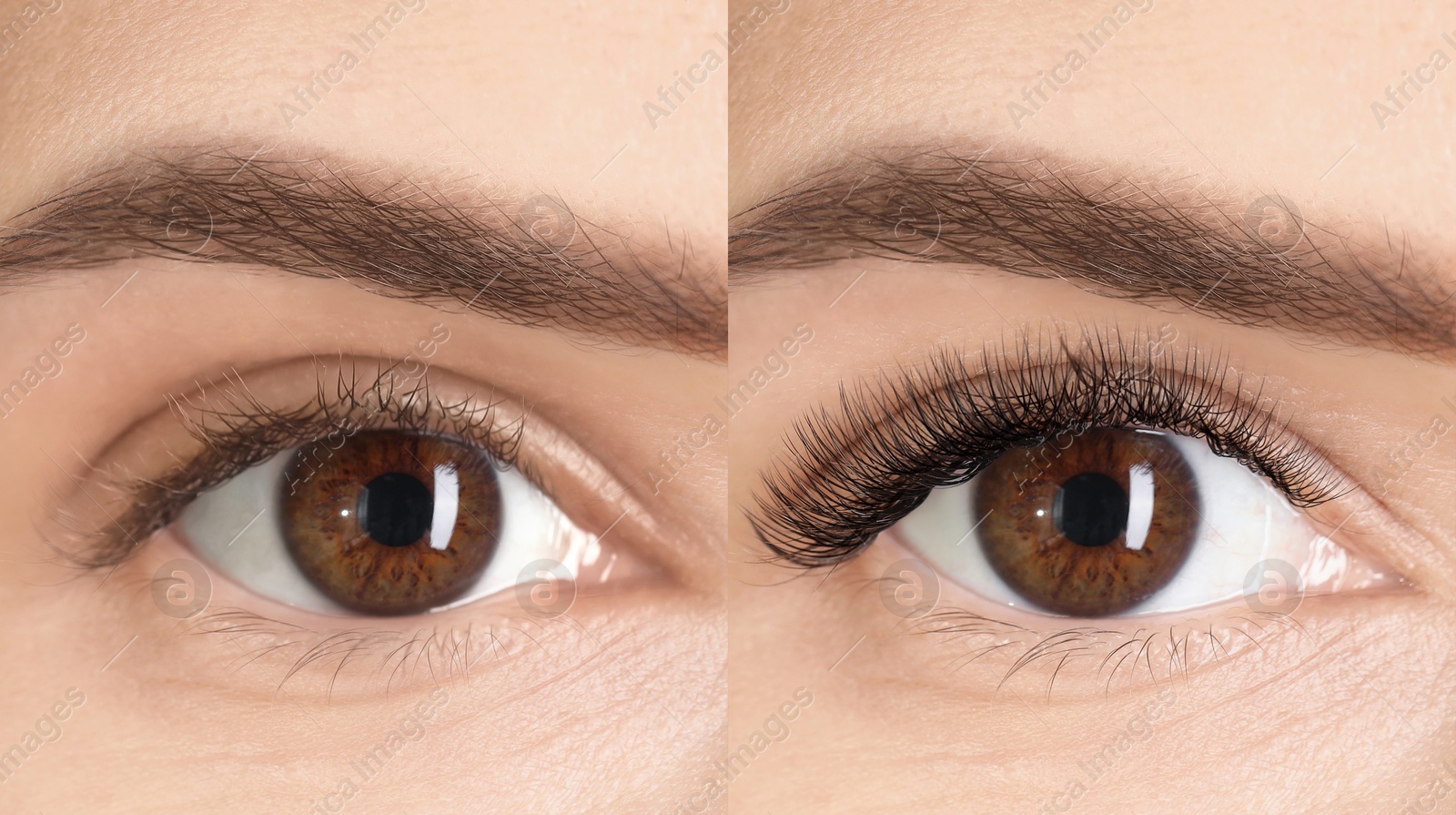 Image of Woman before and after eyelash extensions, closeup. Collage