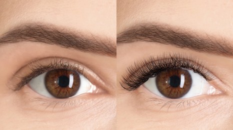 Image of Woman before and after eyelash extensions, closeup. Collage