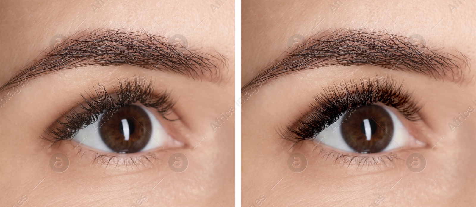 Image of Woman before and after eyelash extensions, closeup. Collage