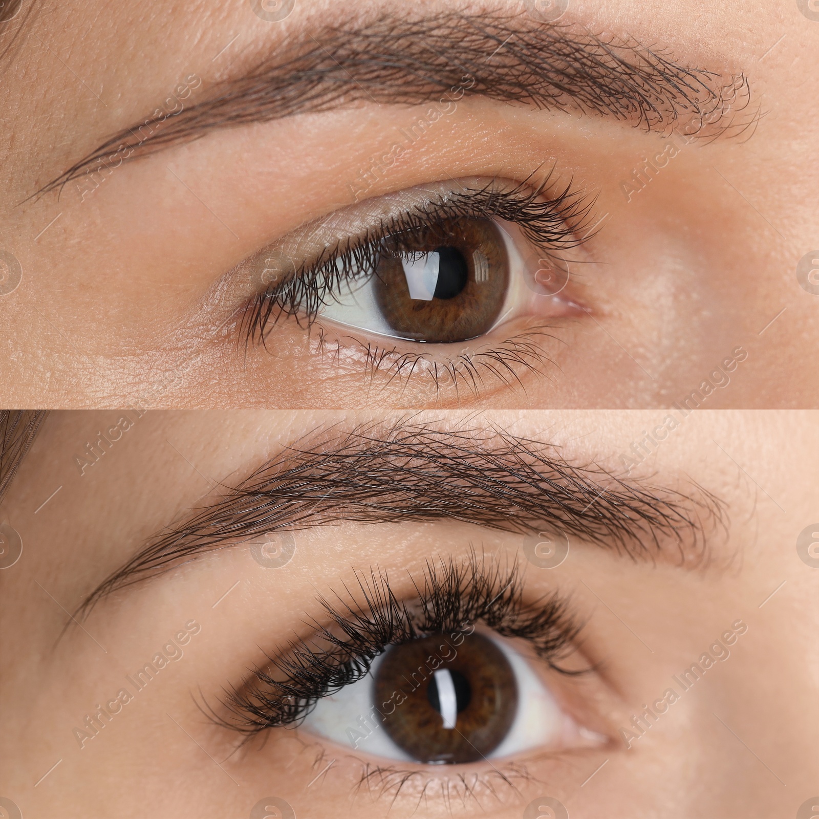 Image of Woman before and after eyelash extensions, closeup. Collage