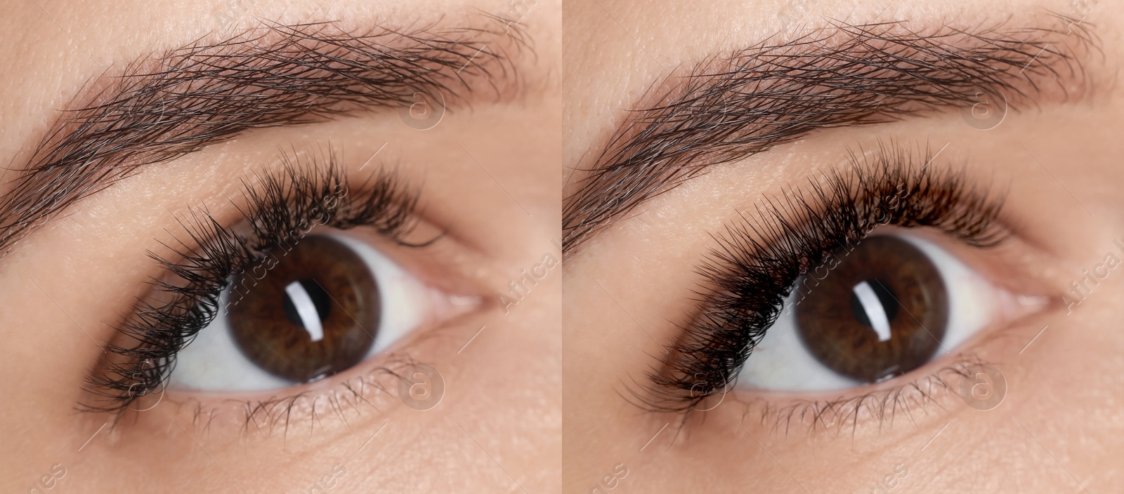 Image of Woman before and after eyelash extensions, closeup. Collage