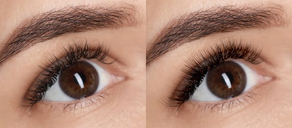 Image of Woman before and after eyelash extensions, closeup. Collage