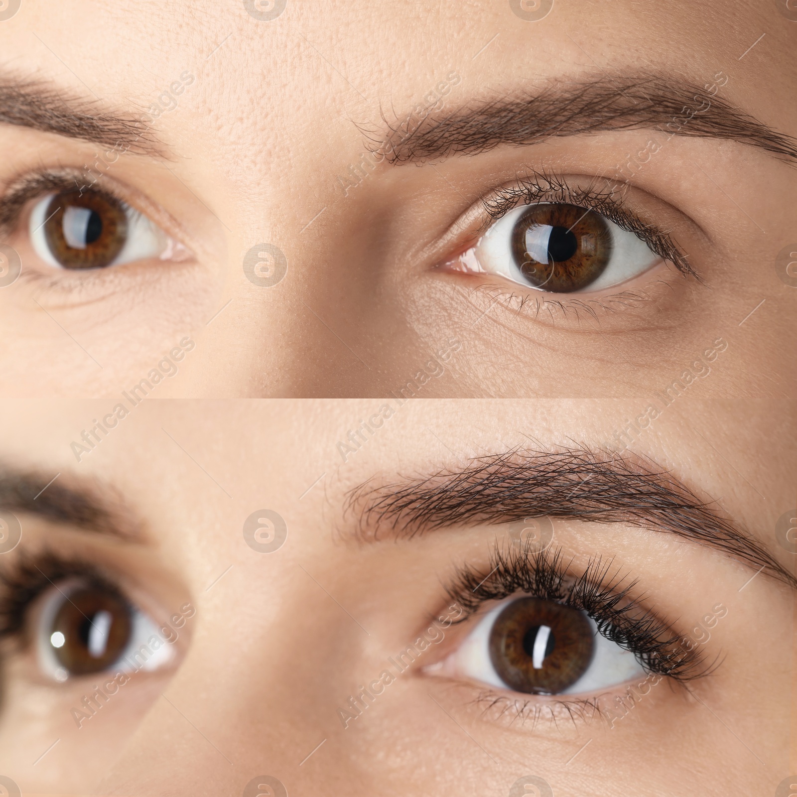 Image of Woman before and after eyelash extensions, closeup. Collage