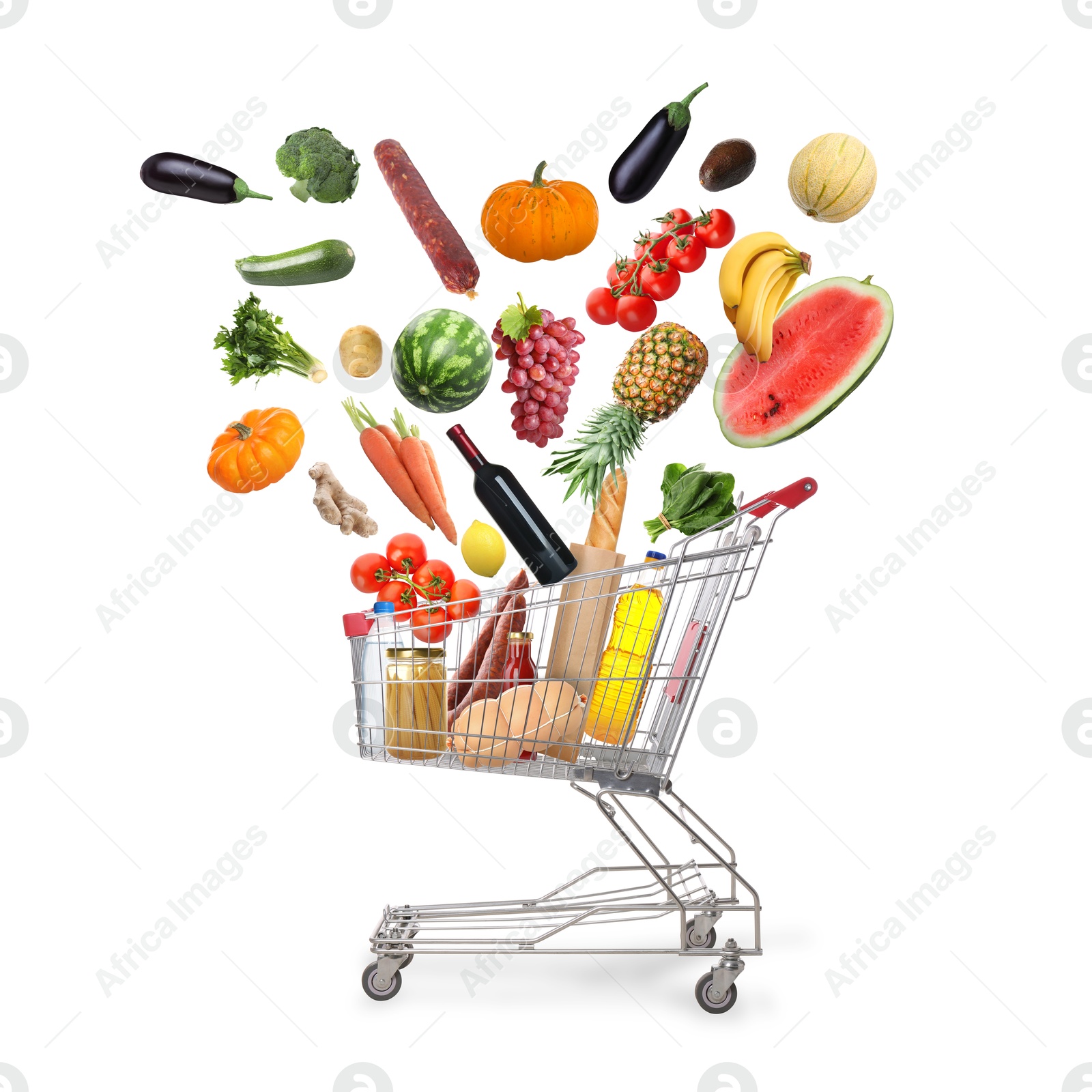 Image of Many different products falling into shopping cart on white background