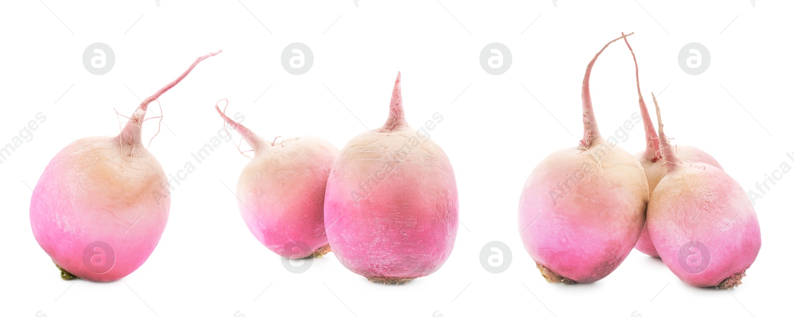 Image of Fresh raw turnips isolated on white, set