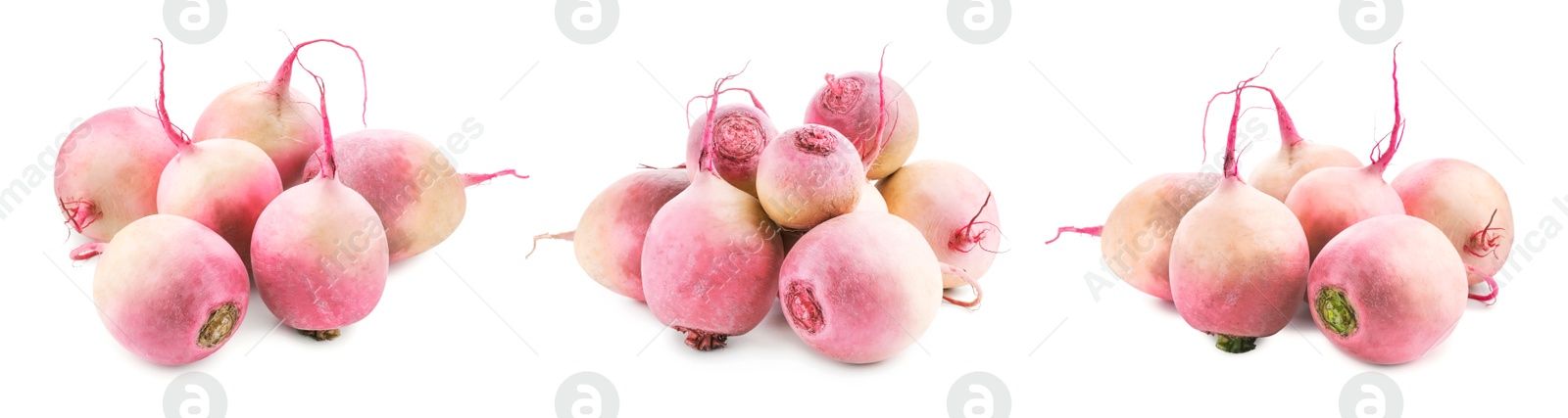 Image of Fresh raw turnips isolated on white, set