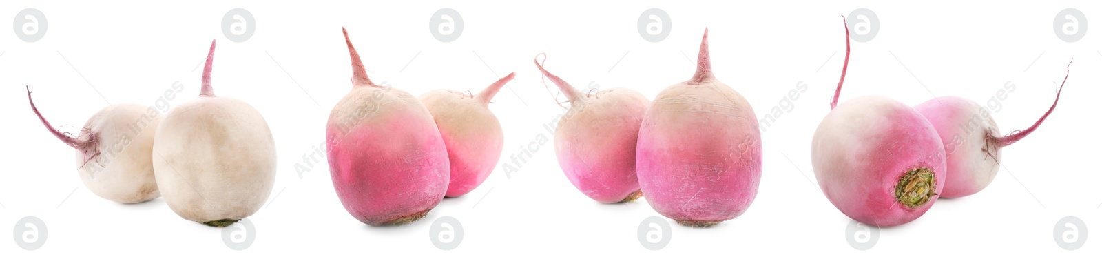 Image of Fresh raw turnips isolated on white, set