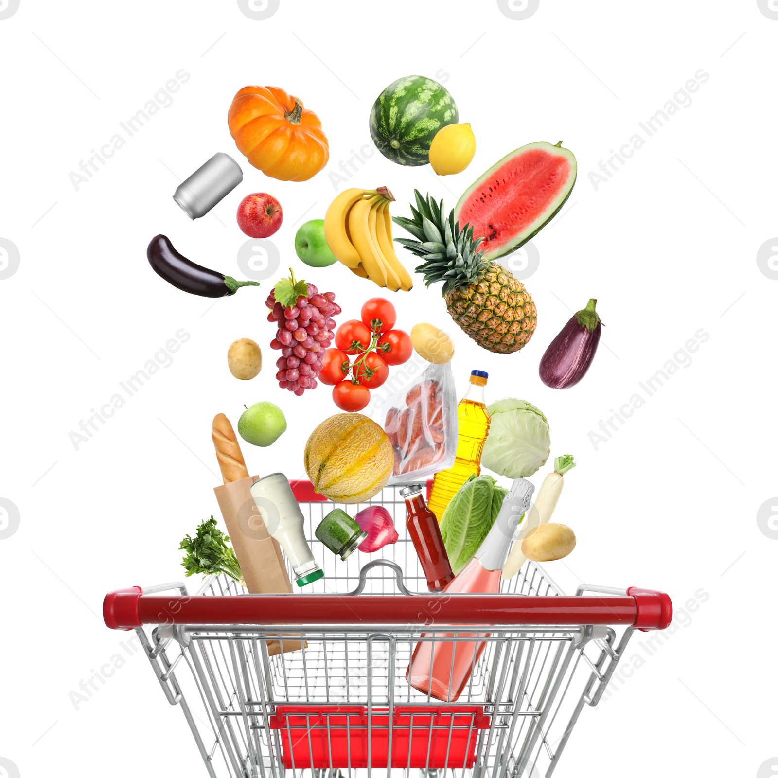 Image of Many different products falling into shopping cart on white background