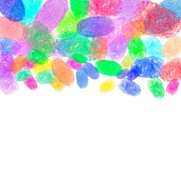 Image of Fingerprints of different colors on white background, space for text