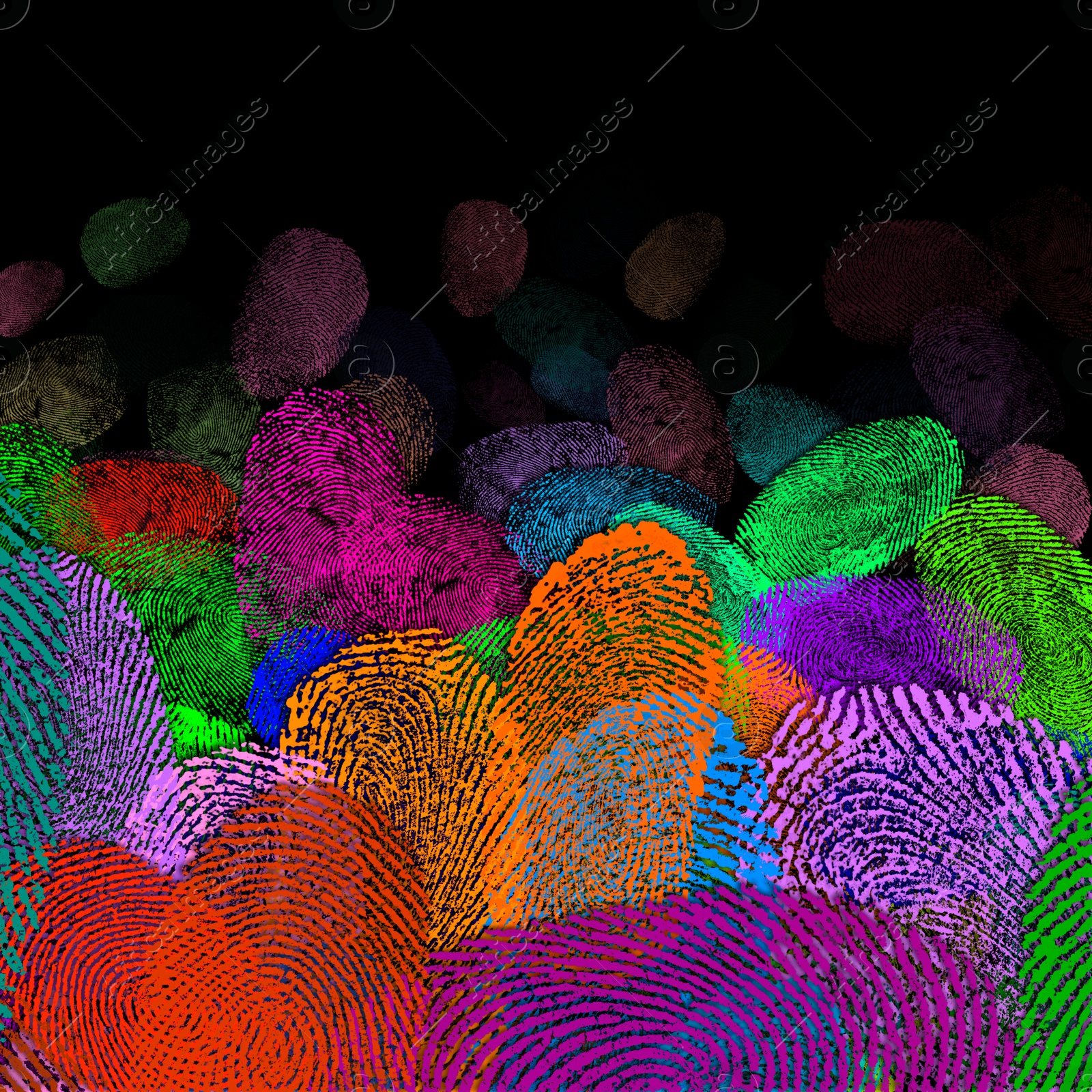 Image of Fingerprints of different colors on black background, space for text