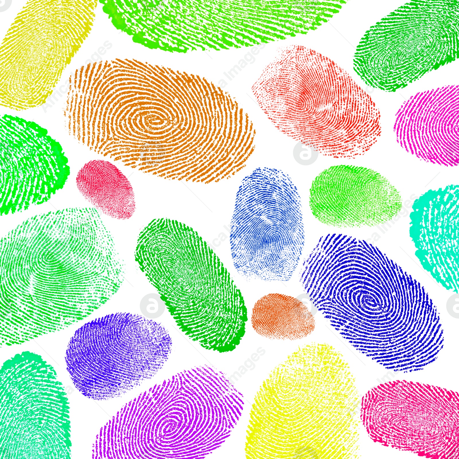 Image of Fingerprints of different colors on white background