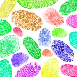 Image of Fingerprints of different colors on white background