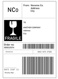 Image of Shipping label with barcode and information. Post office