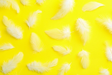 Photo of Beautiful fluffy feathers on yellow background, flat lay