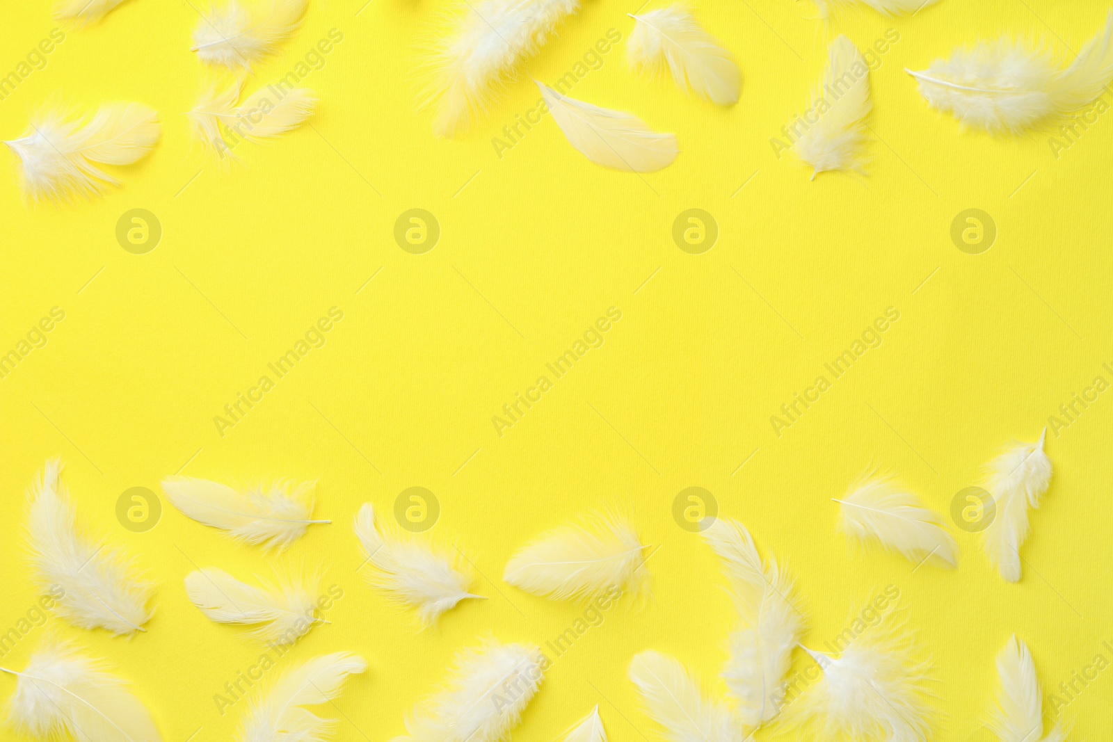 Photo of Beautiful fluffy feathers on yellow background, flat lay. Space for text