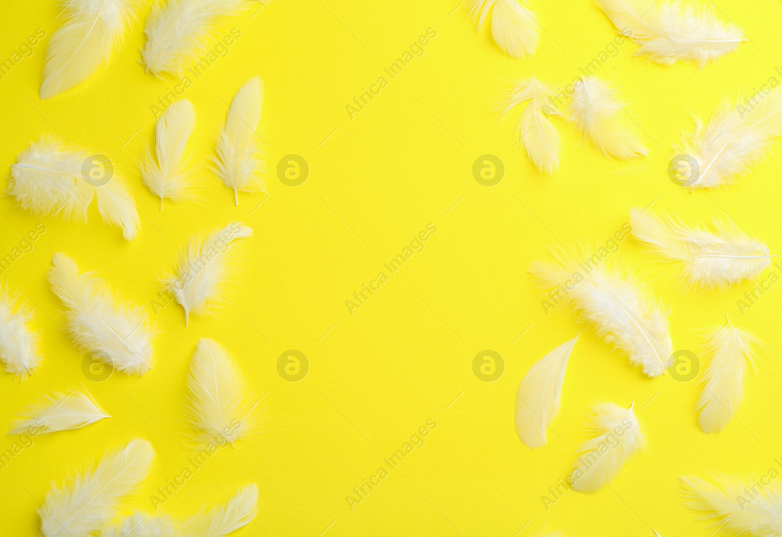 Photo of Beautiful fluffy feathers on yellow background, flat lay. Space for text