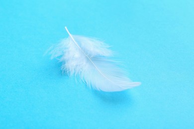 Photo of Beautiful fluffy feather on light blue background, closeup