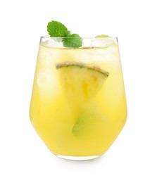 Photo of Tasty pineapple cocktail with mint in glass isolated on white