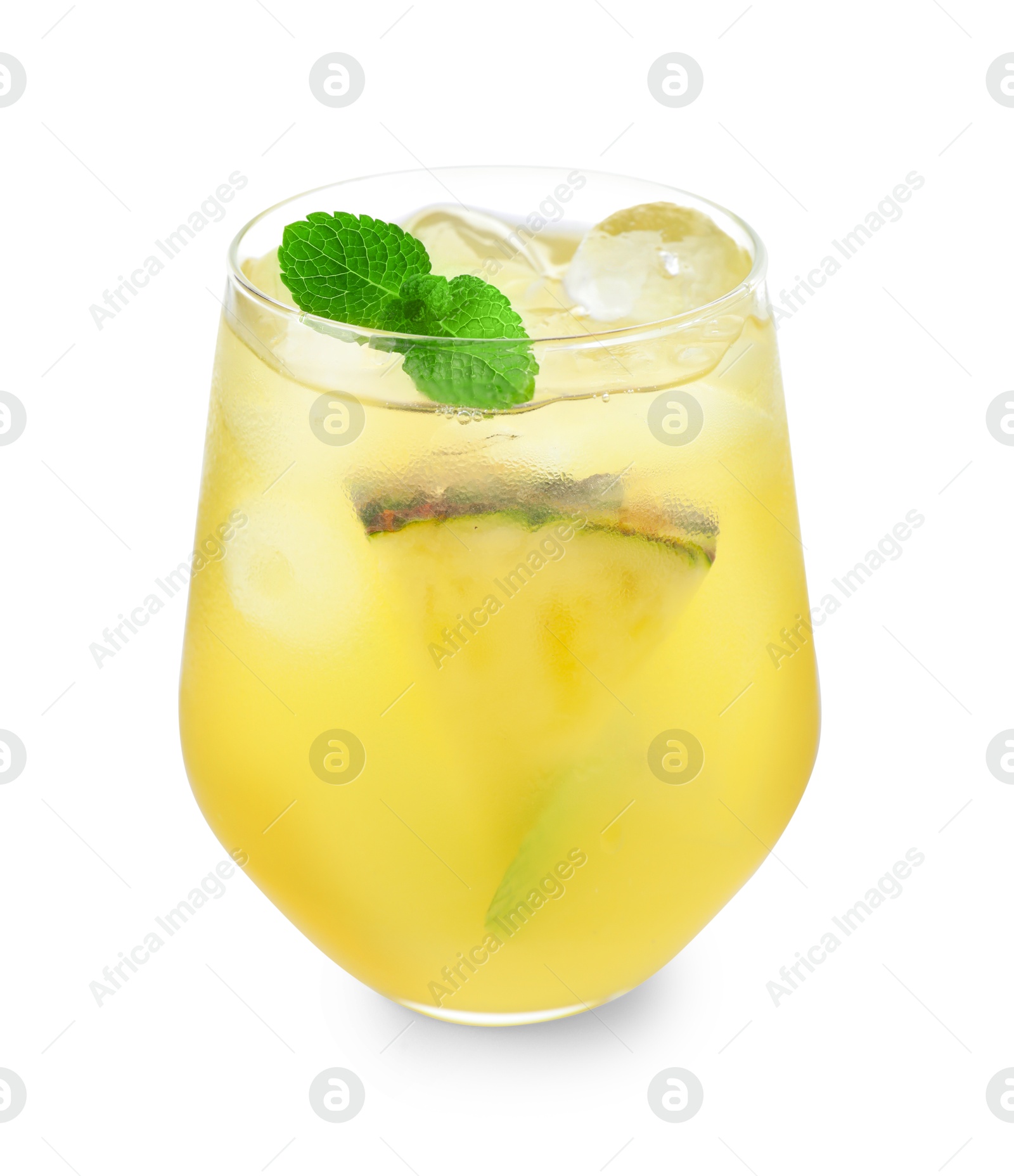 Photo of Tasty pineapple cocktail with mint in glass isolated on white