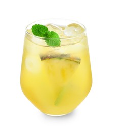 Photo of Tasty pineapple cocktail with mint in glass isolated on white