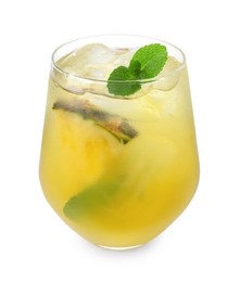 Photo of Tasty pineapple cocktail with mint in glass isolated on white