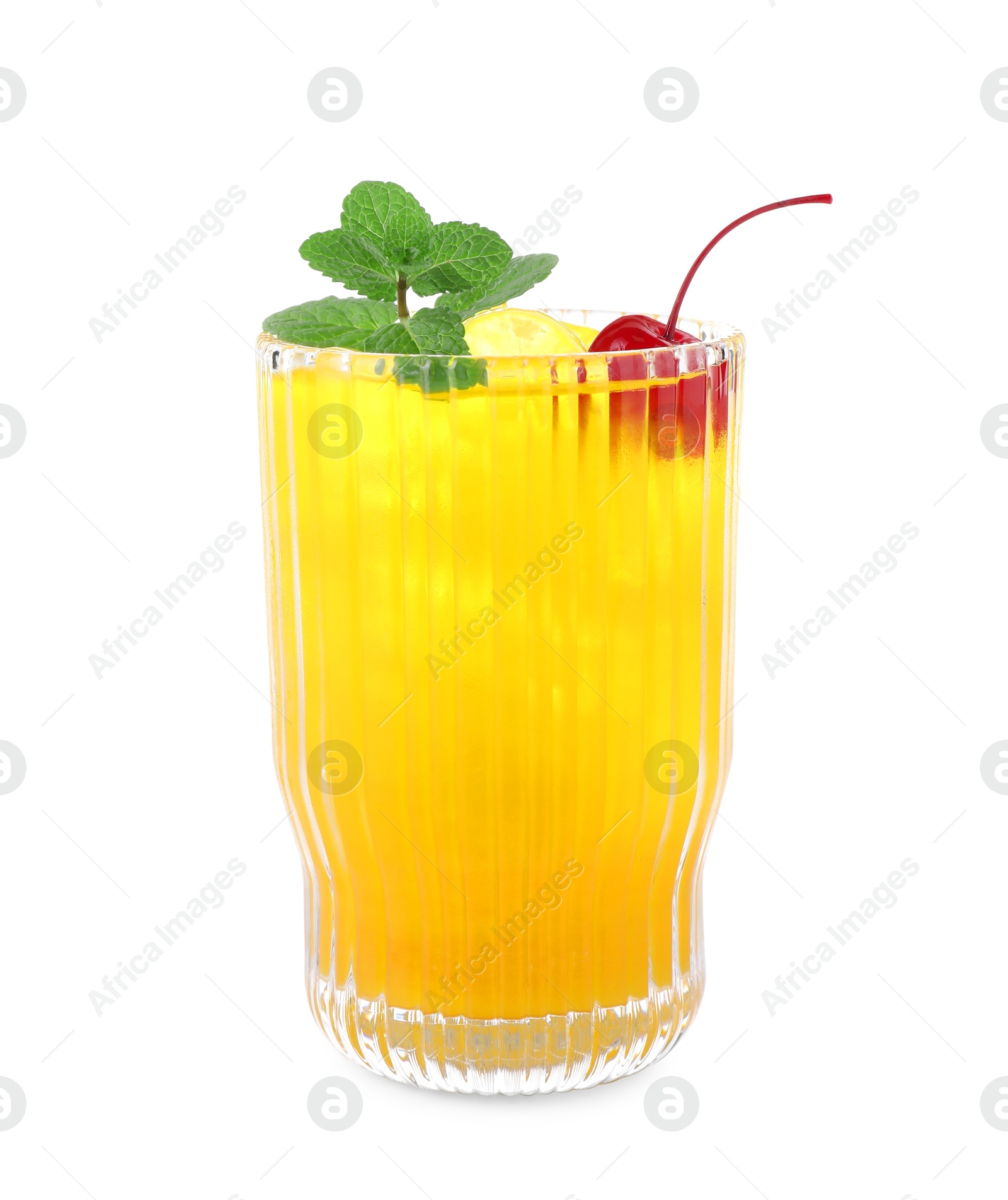 Photo of Tasty pineapple cocktail with mint and cherry in glass isolated on white