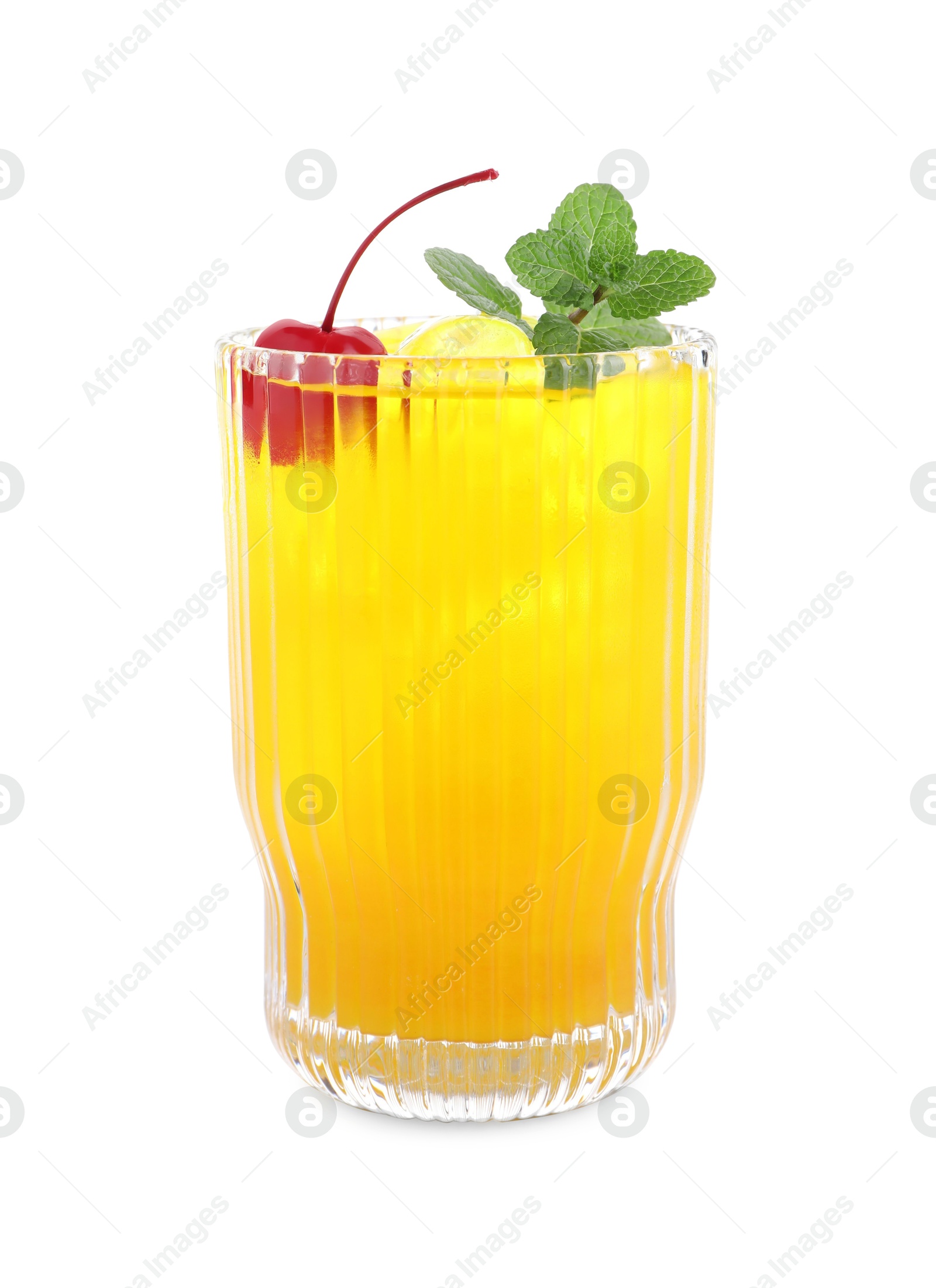 Photo of Tasty pineapple cocktail with mint and cherry in glass isolated on white