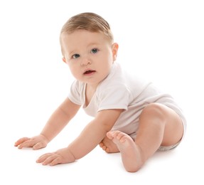 Photo of Cute little baby sitting on white background