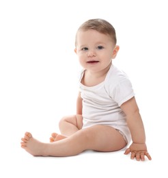 Photo of Cute little baby sitting on white background