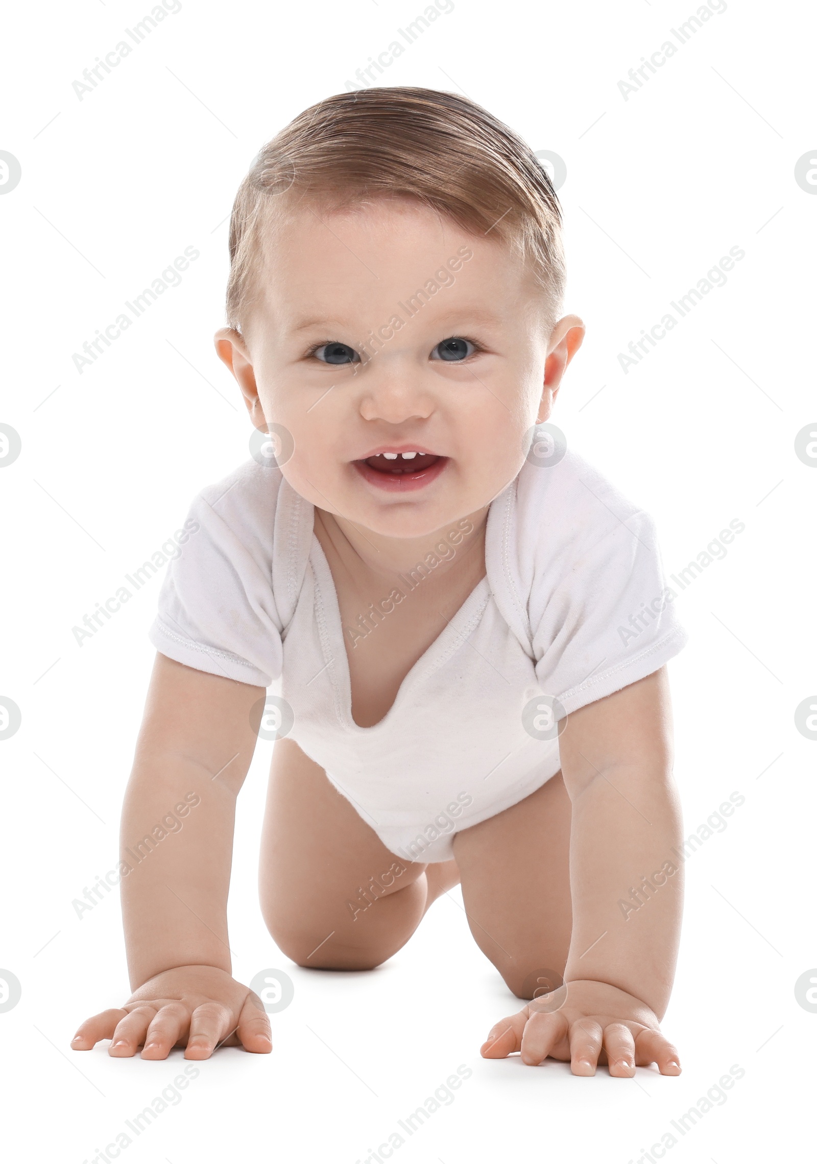 Photo of Cute little baby crawling on white background